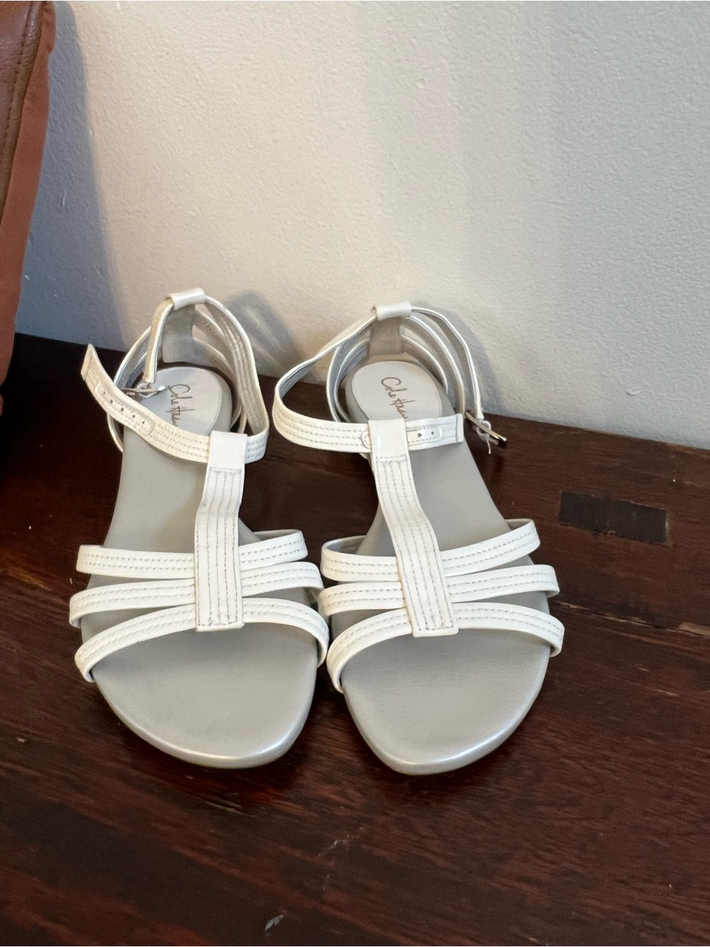 Cole Haan White Strappy T‑Bar Ankle Strap Sandals